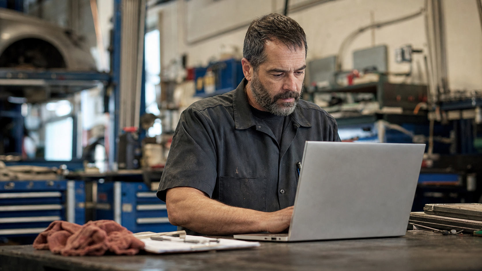 Auto repair owner and advisor reviewing an organized cash-flow chart and agreement folders.