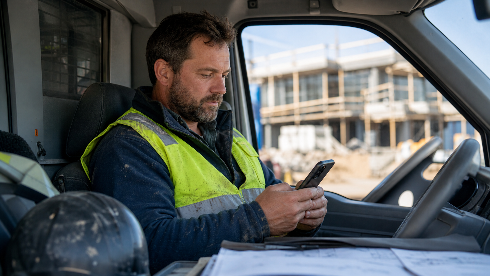 Contractor and advisor reviewing project folders and an abstract cash-flow dashboard.