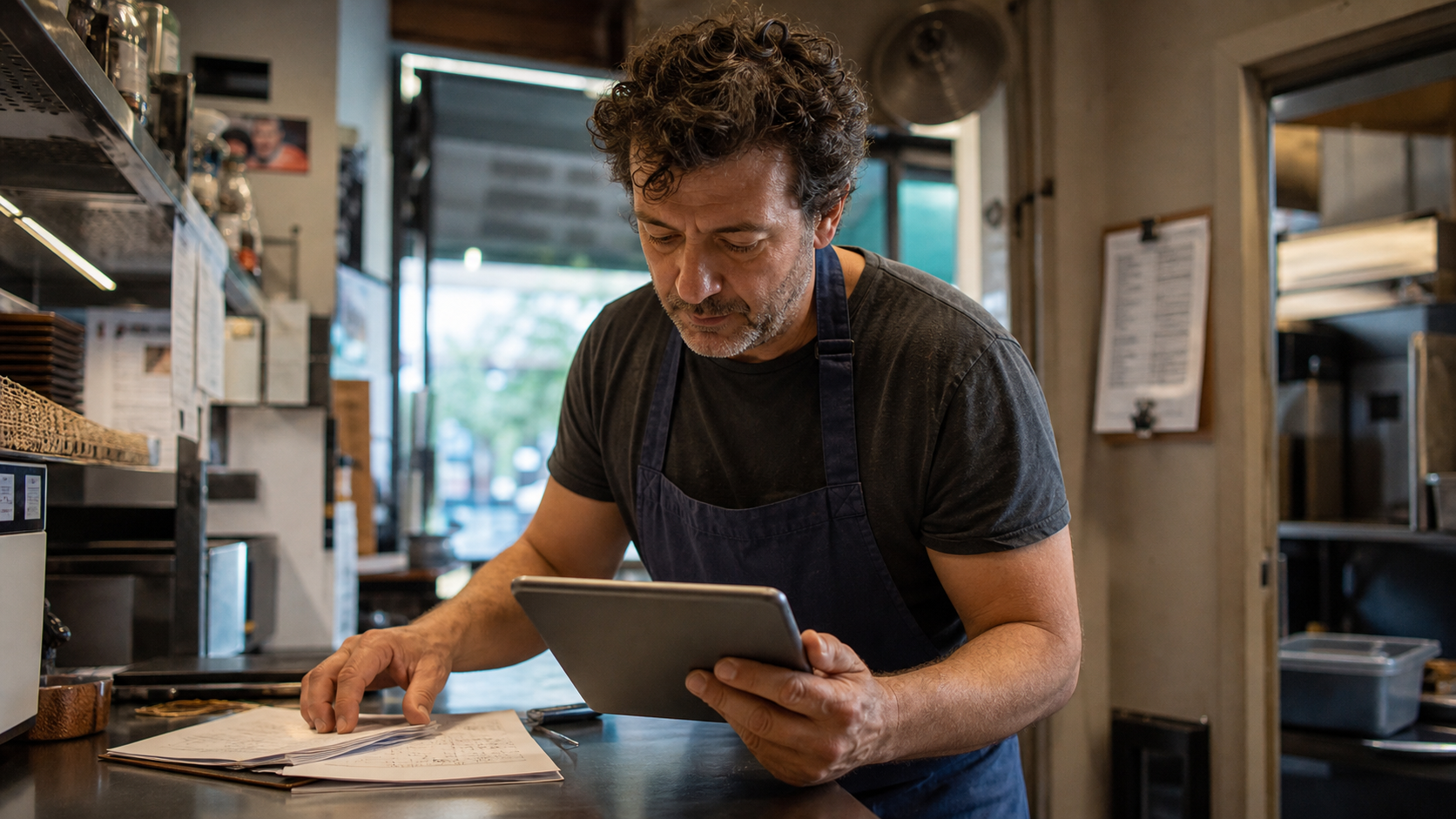 Restaurant owner reviewing payment cadence charts with an advisor in a quiet back office.
