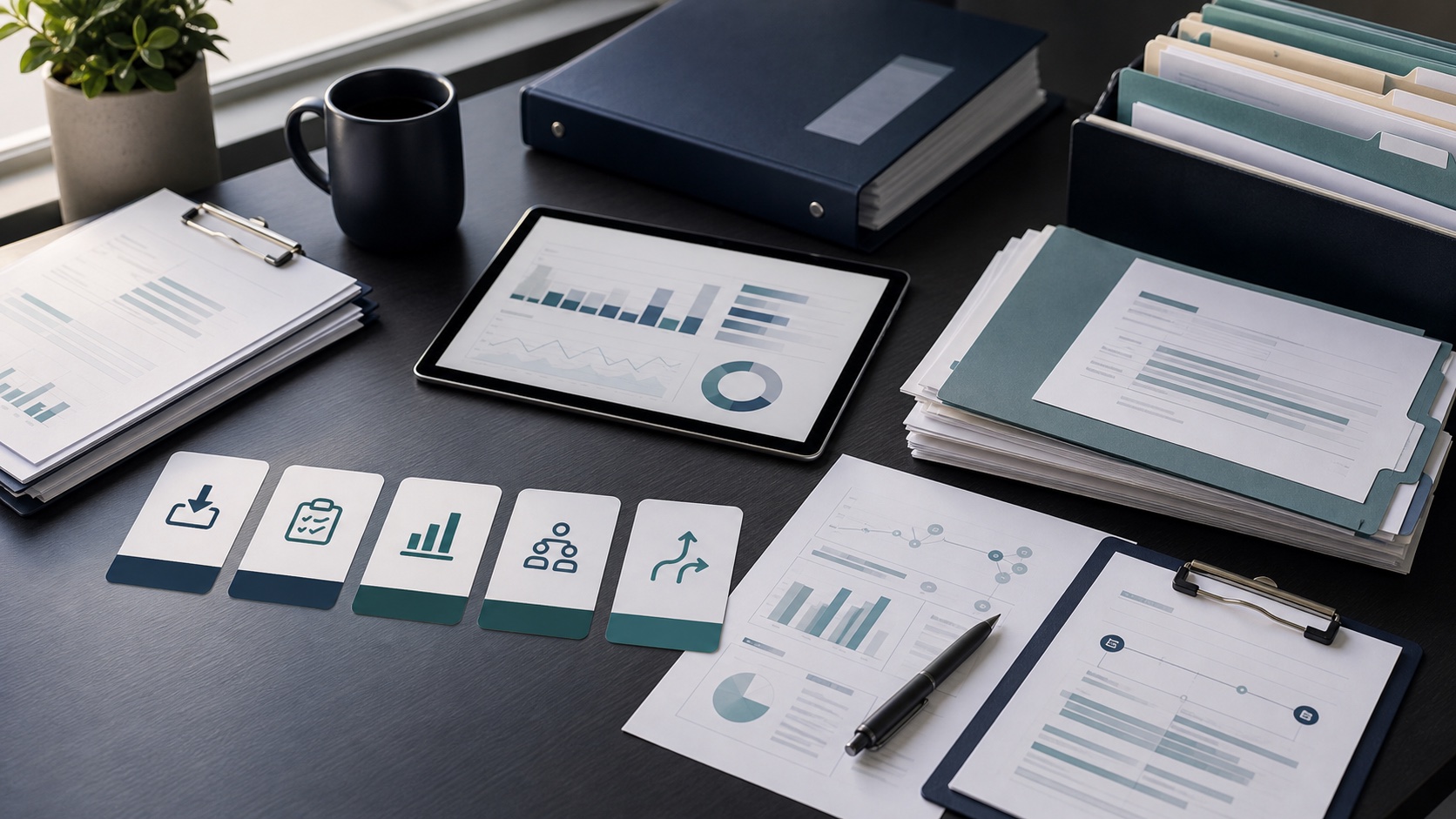 Organized MCA agreement folders, review documents, and cash-flow charts arranged as a structured workflow.